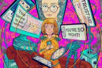 A hand drawn illustration of a young person holding their cell phone to their chest surrounded by robotic AI therapists, which are trying to get her to take a seat on a recliner couch. Text on their screens says, "TRUST ME!" "YOU'RE SO RIGHT!" "You can trust me!" and "Exactly."