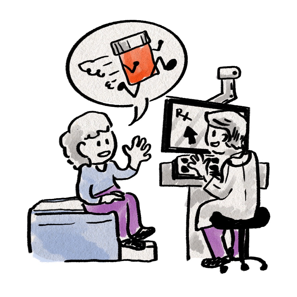 A cartoon drawing of a patient talking to their doctor in a doctor's office. The doctor sits at a computer that shows prescriptions. The person is talking about expediting a prescription, which is shown with a running pill bottle in a speech bubble.