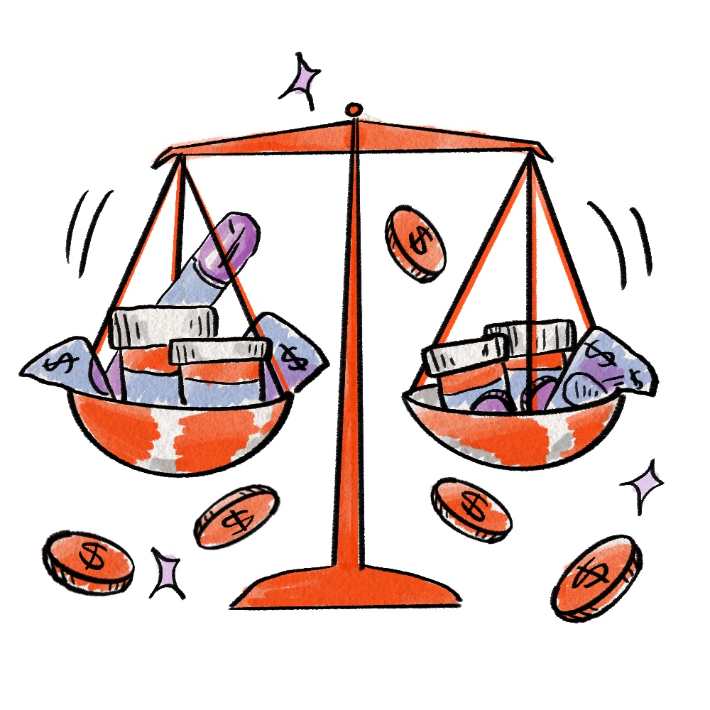 A cartoon drawing of a hanging scale that has pill bottles and money on both sides.