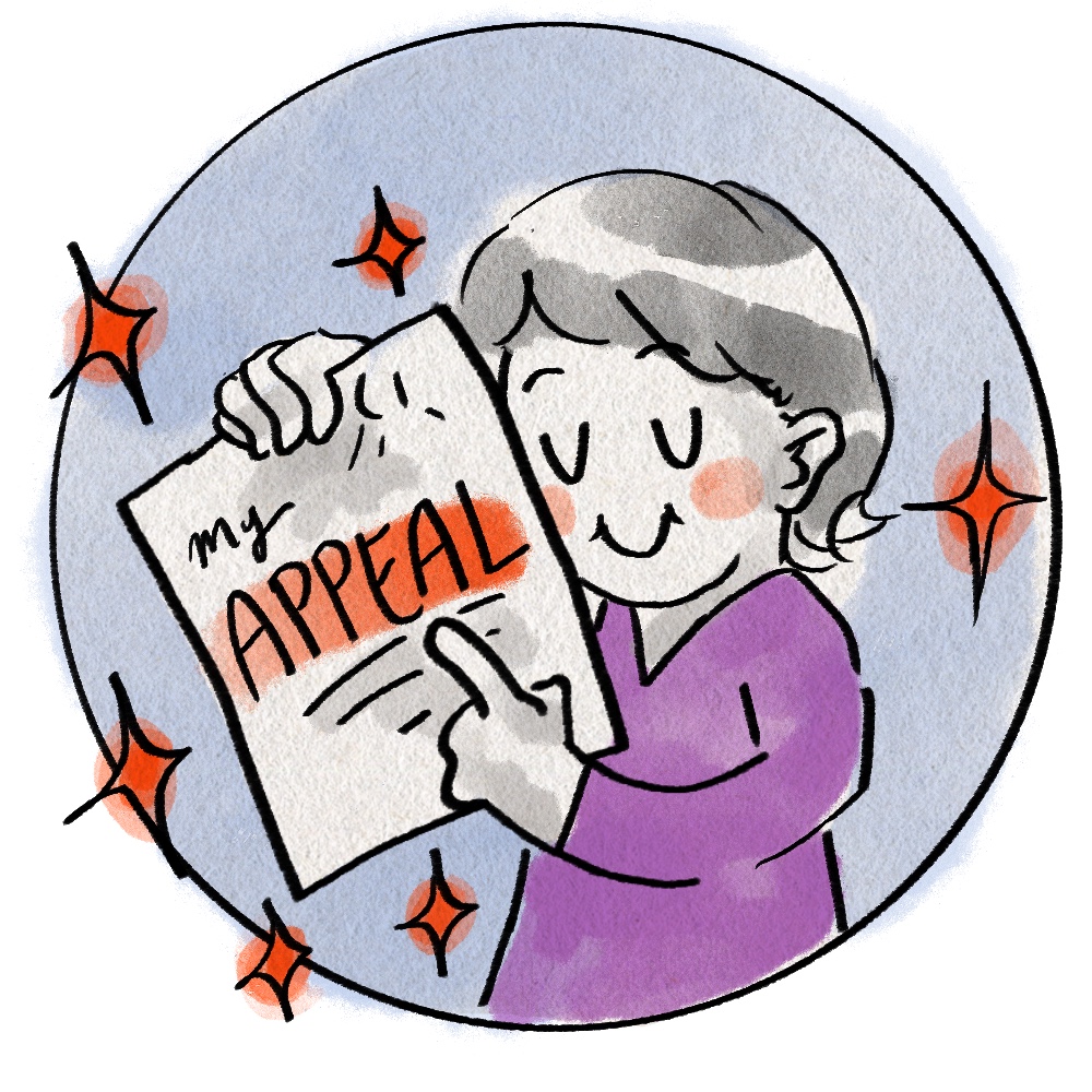 A cartoon drawing of a woman proudly holding up a piece of paper that says, "my appeal."